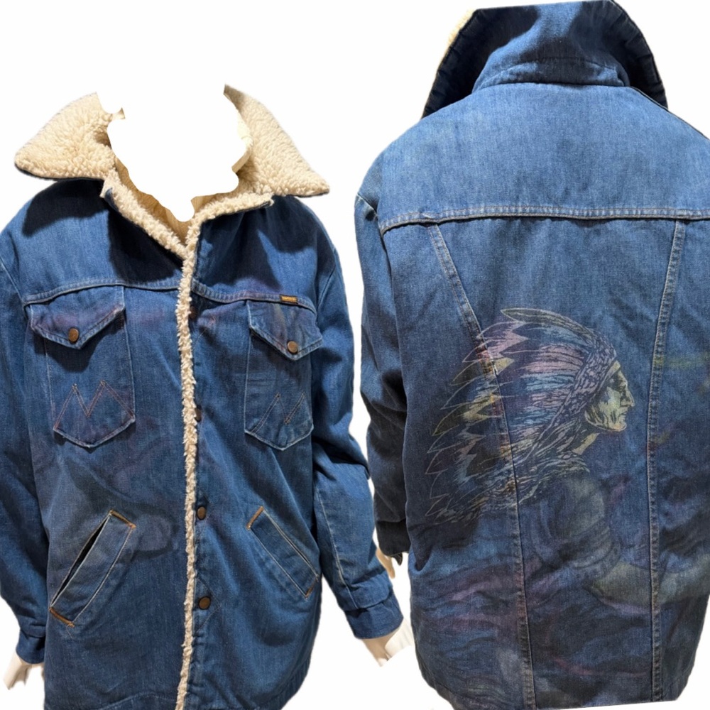 Vintage Sherpa Lined Denim jacket w/
Indian Head Native American western 90’s - Picture 2 of 16